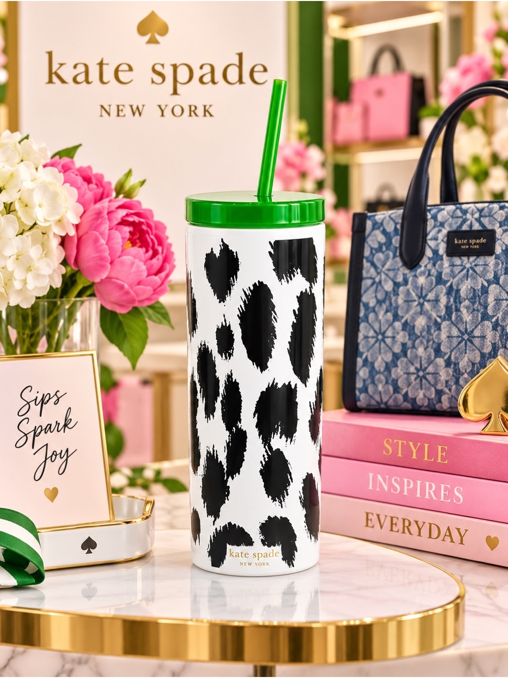 Kate Spade New York Forest Feline 24 oz Acrylic Tumbler w Straw New!